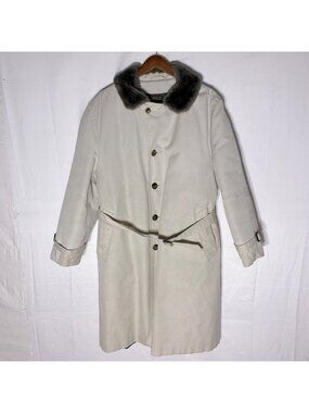 Vintage Eddie Bauer Beige Overcoat W Faux Fur Trim & Quilted Goose Down Lining S